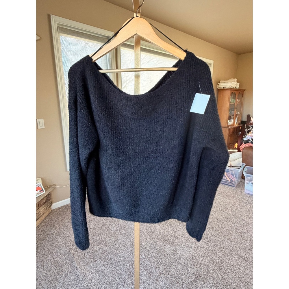 NWT Abound Black Fuzzy V Neck Long Sleeve Cozy Sweater Top Women's Large